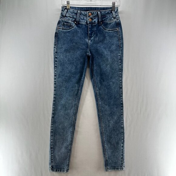 Tinseltown Skinny Jeans Womens 5 Mid Rise 2-Button Stretchy Denim Acid Wash Blue - Picture 1 of 11
